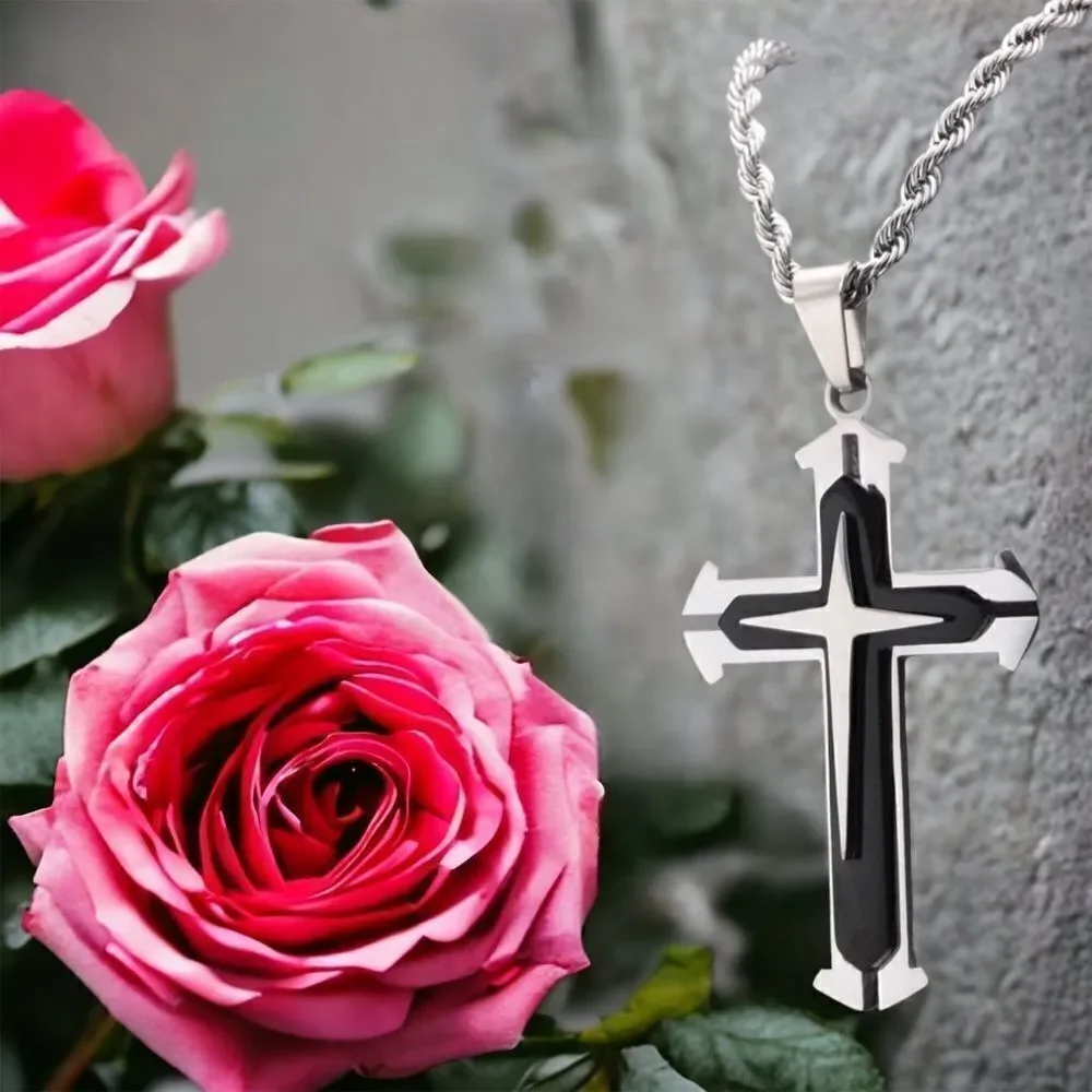 Men’s Necklace l 2” Cross Pendant l Stainless Steel l 24” Rope Chain l New